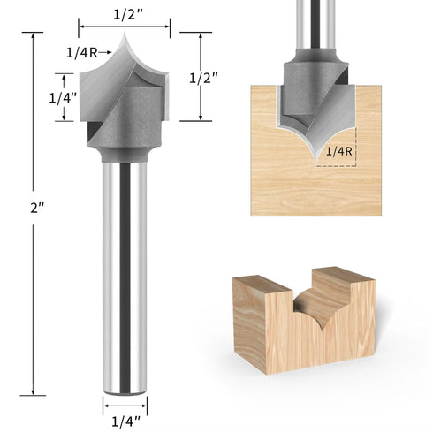BINSTAK 1/4" 1/4" 1/2" Shank Point Cutting Roundover Router Bit Radius, Cutting Diameter Carbide Tipped Round Over