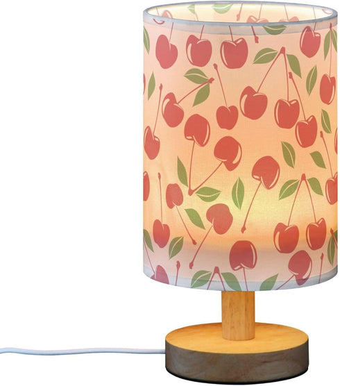 YYZZH Table Lamp Vintage Cherry Pattern on Pink Nightstand Lamp with Wood Base Fabric Lamp Shade Bedside Desk Lamp
