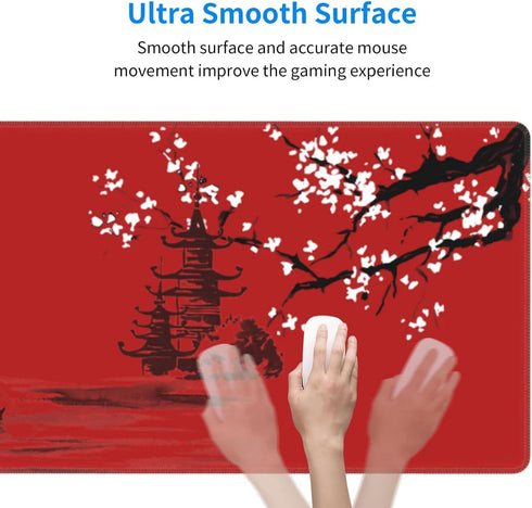Large Red Mouse Pad XL, Japan Cherry Blossom Extended Anime Gaming Pad, Non-Slip Rubber Base, 31.5'' X 12''