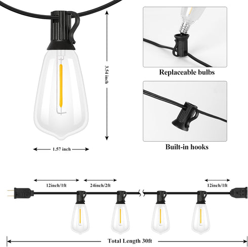 30FT 16 ST38 Bulbs, Commercial Brightever LED Outdoor String Light with Vintage Edison Shatterproof Grade Patio Lights