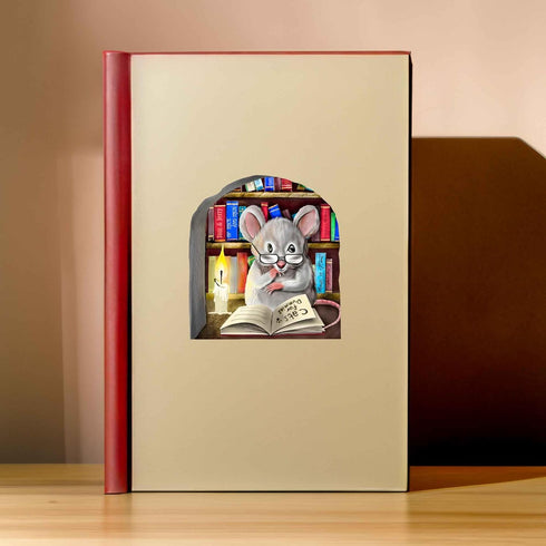 Mouse Reading Book Wall Decor Sticker Decal - Kids Room, Classroom, Home, Adorable Librarian Mouse Design