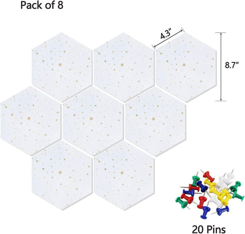 Felt Hexagon Bulletin Board, Pack of 8 Notice Boards with 20 Push Pins, Felt Wall Tiles for Photos Memos