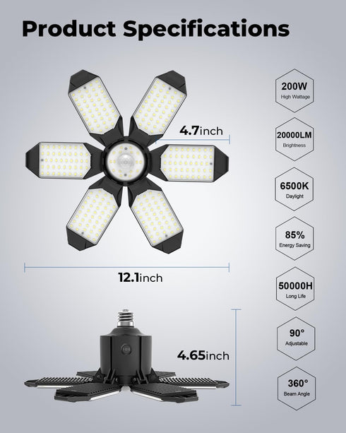 20000LM 3 6500K (1 Pack) toberich Motion Sensor Garage Light - Mode Switch, Daylight Motion-Activated LED Shop Light