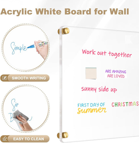 Large Clear Acrylic Dry Erase Board, 24" X 16" Non-Magnetic Frameless White Board for Wall, Includes 2 Markers