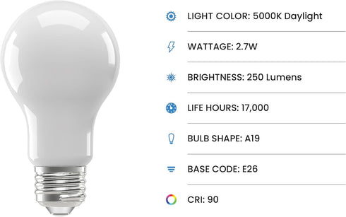 A19 Bulbs, 2.7W (25W 5000K Dimmable, 90+ E26 17,000-Hour Commercial Bulb, A1925/950CA/FIL/4/GB, 4-Pack Feit Electric
