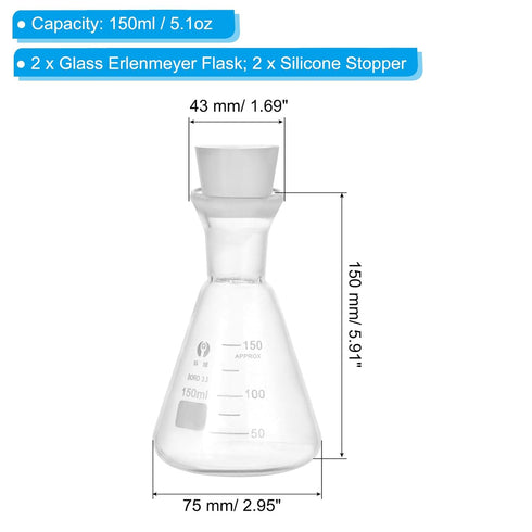 PATIKIL Erlenmeyer Flask, 2 Set 150ml 5.1oz Narrow Mouth Graduated Flasks with Silicone Stopper Borosilicate Glass Flasks with Printed Graduation for Lab Experiment Chemistry Science