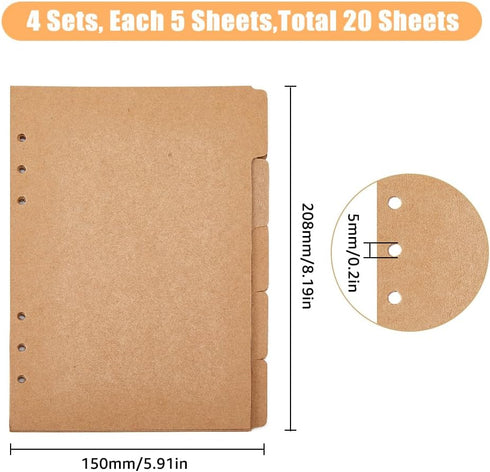 SUPERFINDINGS 20 Sheets A5 Kraft Paper Binder Dividers 5-Tab/6-Hole Cover Ring Binder BurlyWood 6 Holes Ring Index Page for Planner Notebook Loose Leaf Binders, 208x150mm by SUPERFINDINGS