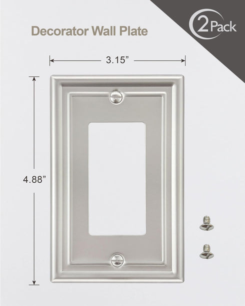 2-Pack Decorator Wall Plate, Satin Nickel Electrical Outlet Cover Plate for Receptacle and Dimmer Switch