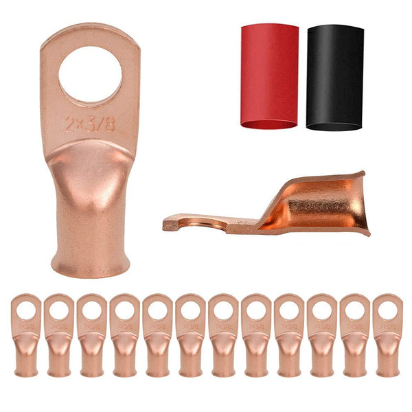 12PCS 2x3/8 Copper Ring Terminal Connectors, 2 AWG Heavy Duty Battery Cable Ends with 12 PCS 3:1 Heat Shrink Tubing for