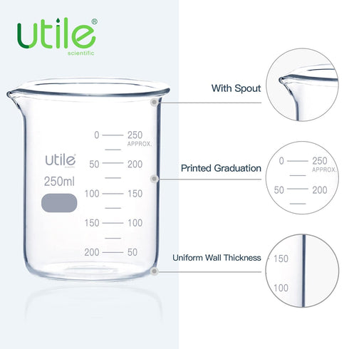 Utile 250ml Beaker Set, Upgraded Thickening Low Form Borosilicate Glass Beakers, 12pcs of 8.5oz Graduated Beakers