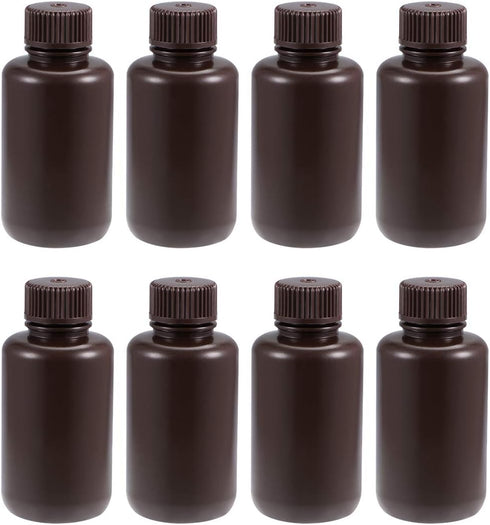 uxcell 100ml/3.4oz Plastic Lab Chemical Reagent Bottle, Small Mouth Sealing Liquid Storage Container, Brown, 8pcs