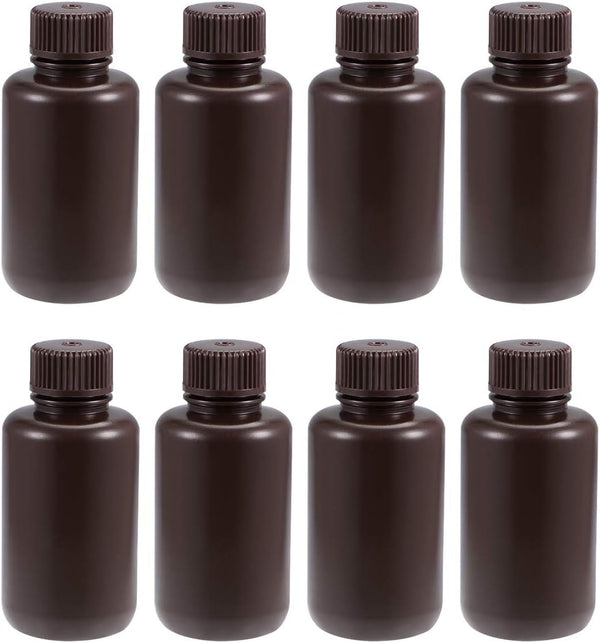 uxcell 100ml/3.4oz Plastic Lab Chemical Reagent Bottle, Small Mouth Sealing Liquid Storage Container, Brown, 8pcs