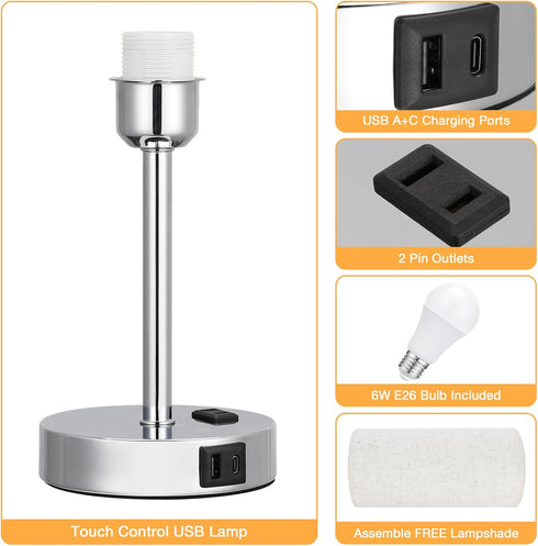 17.4Inch 3 Dimmable Bedside Touch Table Lamps for Bedroom Nightstand with USB-C USB-A Charging Ports White - Way