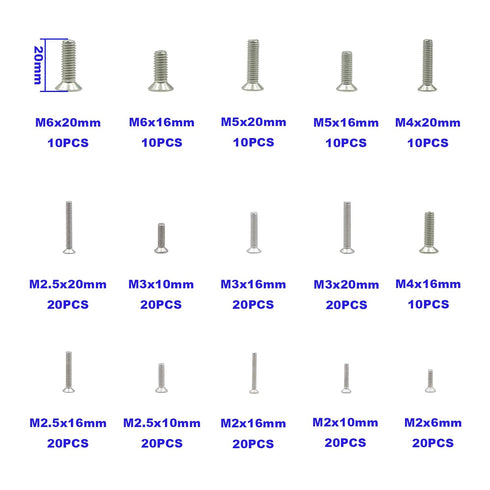 M2 M2.5 M3 M4 M5 M6 Stainless Steel Phillips Flat Head Machine Screws Assortment Kit