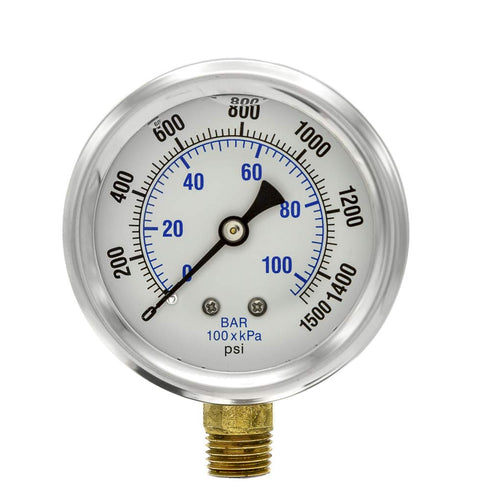 PIC Gauges PRO-201L-254N Pressure Gauge, 0-1500 PSI, 2 1/2" Dial, 1/4" Male NPT, Bottom Mount, Glycerin Filled