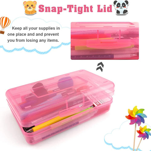 Large Capacity Clear Pencil Box, 1 Pack Hard Pencil Case with Snap-tight Lid for Office Supplies, Pink