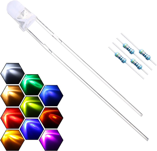 200pcs 10 Colors x 20pcs 3mm LED Light Emitting Diode Assorted Kit with 300pcs Resistors for DC 6-12V Lights