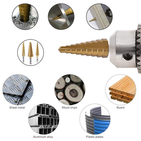 Aleric Step Drill Bit Set, Titanium Coated, High Speed Steel Cone Bits for Sheet Metal Hole Drilling, 3pcs