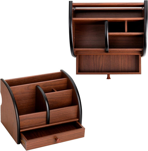 Foraineam Wooden Desk Organizer with Drawer - Remote Control Holder Caddy and Makeup Organizers for Home Office Storage