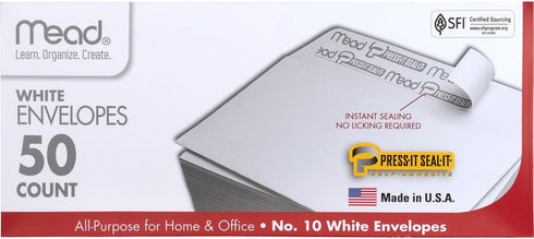 Mead #10 Envelopes, Press-It Seal-It, White, 50/Box (75024) by Mead