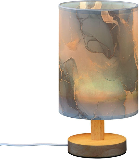 Bedside Table Lamp, Abstract Gold Navy Blue Marble Pattern Small LED Desk Light USB Nightstand Lamp with Non Slip Wood