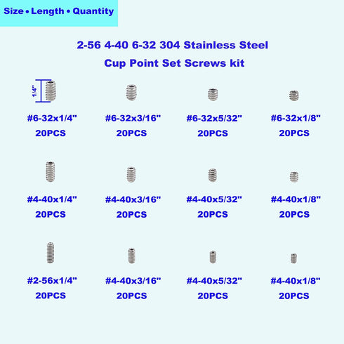 #2-56 #4-40 #6-32 UNC Stainless Steel Internal Hex Drive Cup Point Set Screws Assortment Kit