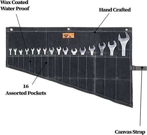16 Pocket Wrench Roll Up Pouch, Metric & Standard Wrench Set Organizer, 100% Cotton Full Waxed Canvas - Coal Black
