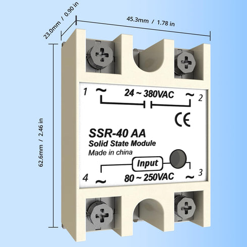 SSR-40AA Solid State Relay: AC to AC Single Phase Input 80-250V to Output 24-380V AC 40A (2PCS)
