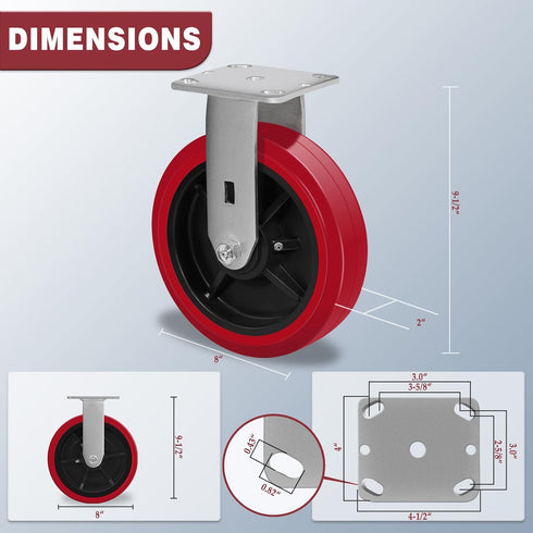8"X2" Heavy Duty Casters, Polyurethane Caster Wheel, Load Capacity 1000lbs, Non-Marking for Laboratories