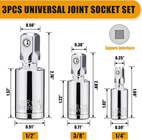 3PCS Universal Joint Socket Set, 1/4 3/8 1/2 Drive Swivel Socket Adapter Set, Premium Chrome Vanadium Steel Universal Joint Socket Adapter Suitable for Narrow Spaces- Tiosamd