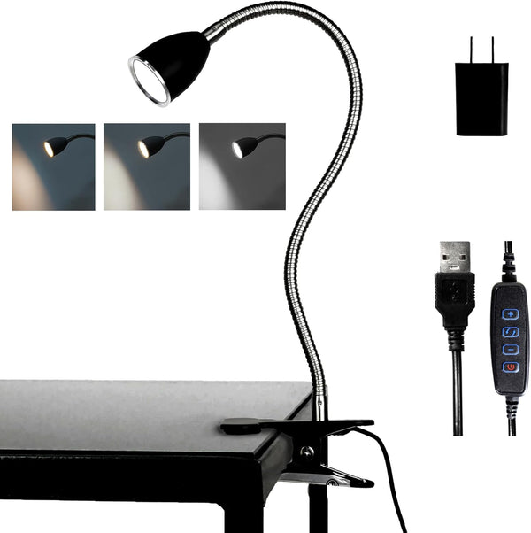 Eye-Caring Desk Lamp, 360 Gooseneck Clip on Reading Light, Portable Study Desk Lamp for Bedroom and Office (Black-C01)