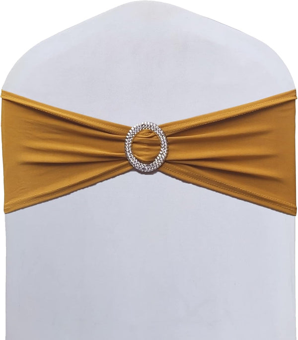 50PCS Gold Stretch Chair Sashes Bows Elastic Chair Bands with Buckle Slider