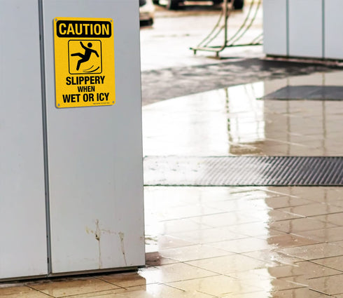 Slippery When Wet Or ICY Sign, Caution Sign 2 Pack, 10" x 7" Rust Free Aluminum with Pre-drilled Holes