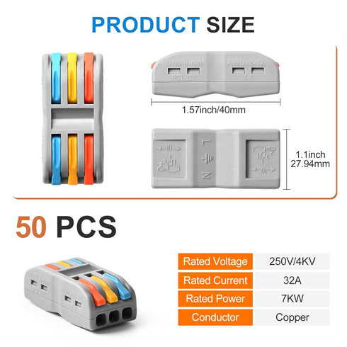 Wire Connectors Nuts, 50pcs 3 Conductor Compact Splicing Electrical Connectors, 3 Circuit Inline Splices