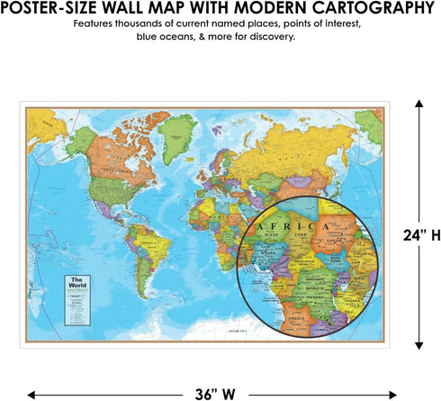 Waypoint Geographic Blue Ocean Series World Wall Map, Laminated Educational Poster, 24” H x 36” W