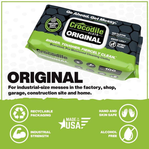 Crocodile Cloth Industrial Hand & Tool Cleaning Wipes, Heavy-Duty 10" x 15" Size, 100 Count Multi-Surface Cleaning