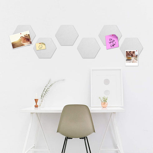Navaris Hexagon Felt Board Tiles - Set of 6 Memo Bulletin Boards with Push Pins, 5.9 x 7 inches (15 x 17.7 cm) - White