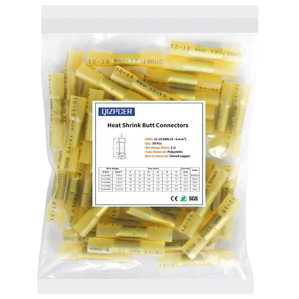 50 Pcs Yellow Heat Shrink Butt Connectors, 12-10 AWG Waterproof Crimp Terminals for Marine Wiring