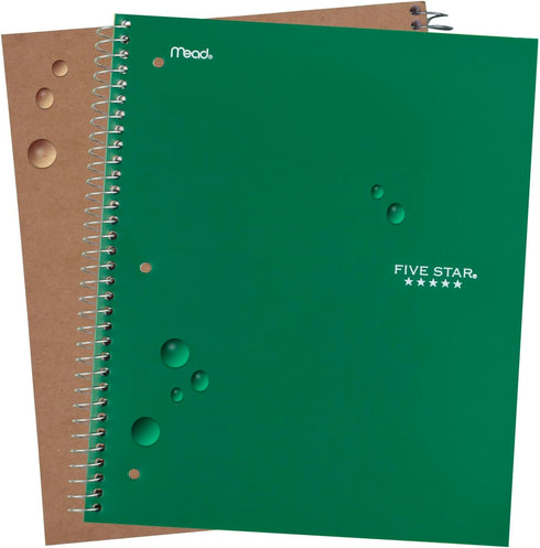 Five Star Spiral Notebook, 5 Subject, 200 Sheets, Wide Ruled, Water Resistant Cover, 8" x 10-1/2", Green