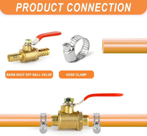 GASHER 3PCS 3/8 Inch Heavy Duty Brass Ball Valve Hose Barb with 180 Degree Operation Handle