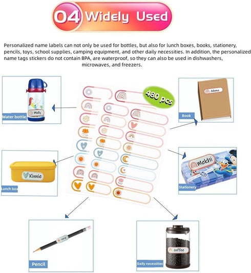 BOSUDA 480 Pcs Baby Bottle Labels for Daycare,Waterproof Kids Name Labels for Kids Stuff School Supplies