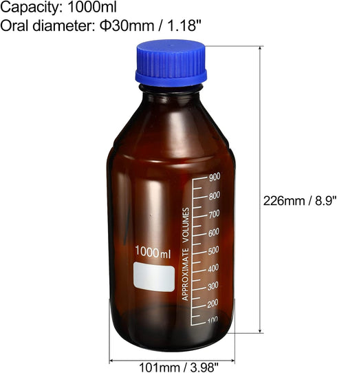 PATIKIL 1000mL Reagent Media Bottle, 2Pcs Round Graduated Glass Storage Bottle, Blue Screw Cap for Lab