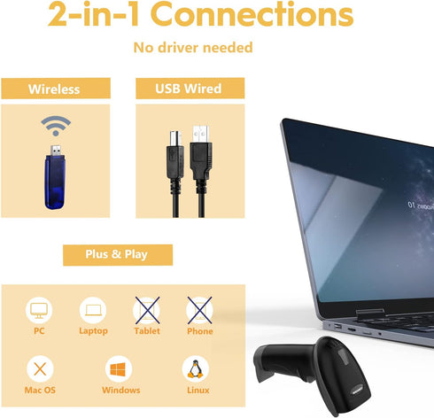 NADAMOO Wireless Barcode Scanner, 328 Feet Transmission Distance, USB Cordless 1D Laser Handheld Reader