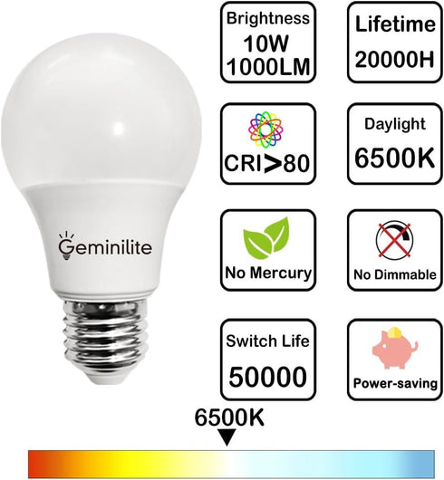 A19 LED Light Bulbs 60 Watt Equivalent, E26 Base 6500K Daylight White Standard Light Bulbs, 10W 1000 Lumen, Energy Efficient Non-Dimmable, Pack of 6 by Geminilite