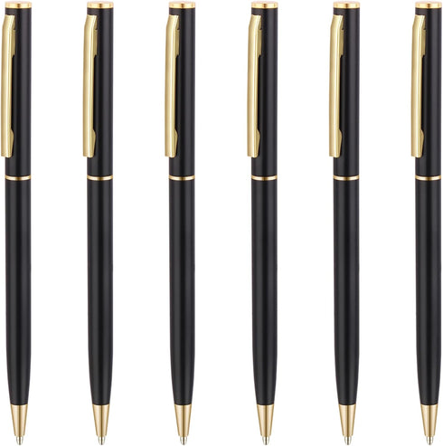 Unibene 6 Pack Slim Gold Ballpoint Pens - Matte Black and Gold Metallic, 1.0mm Medium Point with 6 Refills