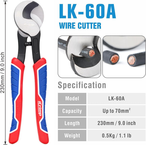 8, 6, 4, 2, 1, 1/0 iCrimp Battery Cable Lug Crimping Tool for AWG Heavy Duty Wire Lugs, Battery Terminal, Copper Lugs
