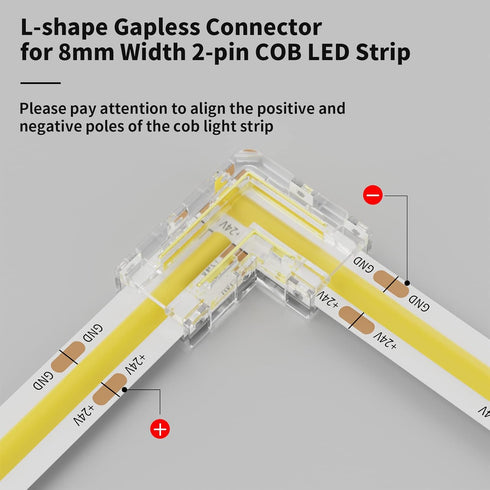 PAUTIX 8mm COB Connector 8pcs L-shaped/Corner Connector,Unwired Clips Solderless Adapter Terminal Extension Connection,2pcs Transparent Gapless Connectors for 2-Pin COB LED Strip Lights,NOT for 10mm by PAUTIX