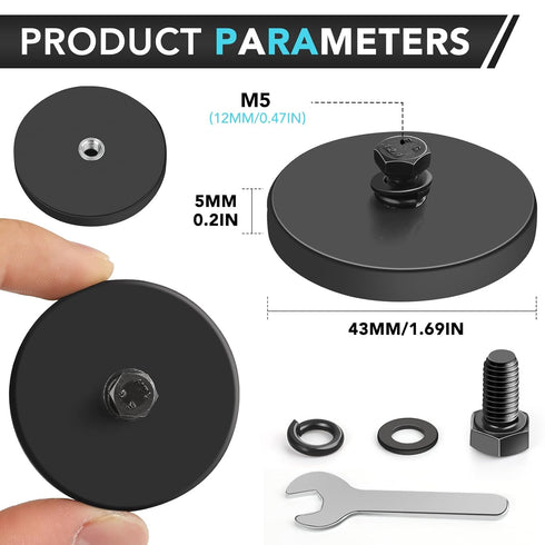 DIYMAG 10Pcs Rubber Coated Anti-Scratch Mounting Magnets, 30LBS Strong Neodymium Magnet Base with M5 Threaded Studs and Small Hex Wrench for Light Bar Mirror Camera Tool (10 Pack,1.69 Inch)