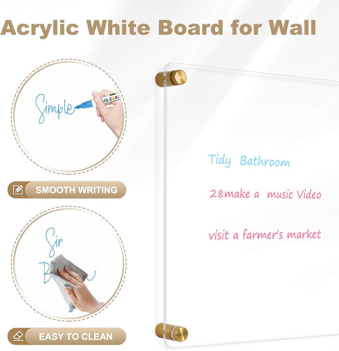 Clear Acrylic Dry Erase Board, 12" X 12" Golden Non-Magnetic Frameless White Board for Wall, Home, Office, 2 Markers
