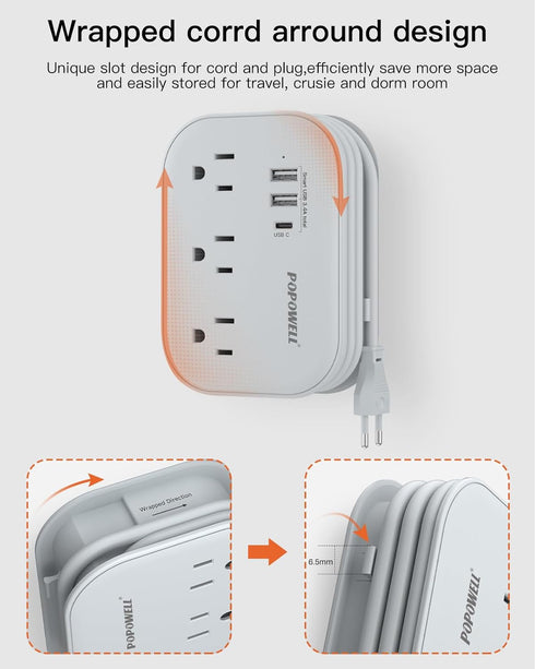 European Travel Plug Adapter USB C, Popowell International Adapter, 4 FT Power Strip with 3 Outlets & 3 USB